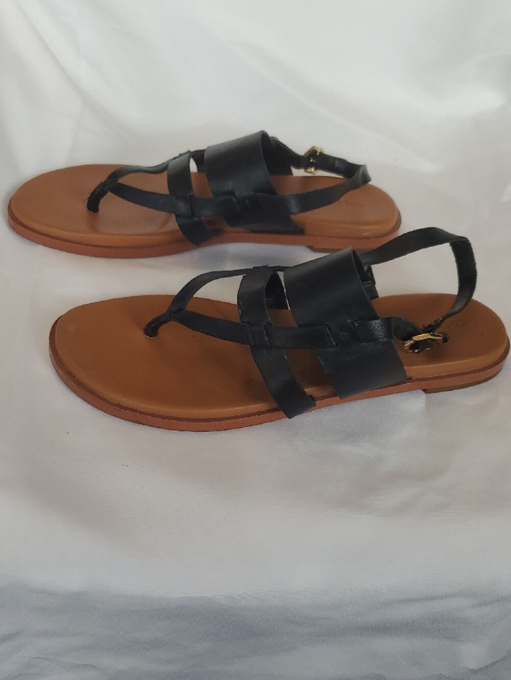 Cole Haan Black Leather Strappy T‑Bar Sandals Flat Shoes Women's 7 - Picture 7 of 8